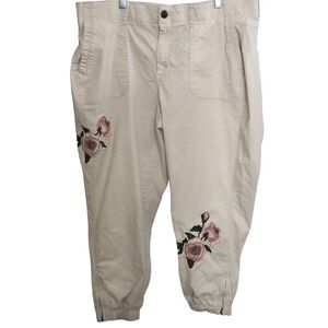 Lane Bryant Jogger Pants Size 22 Beige Boho Embroidered Roses Stretch Cotton